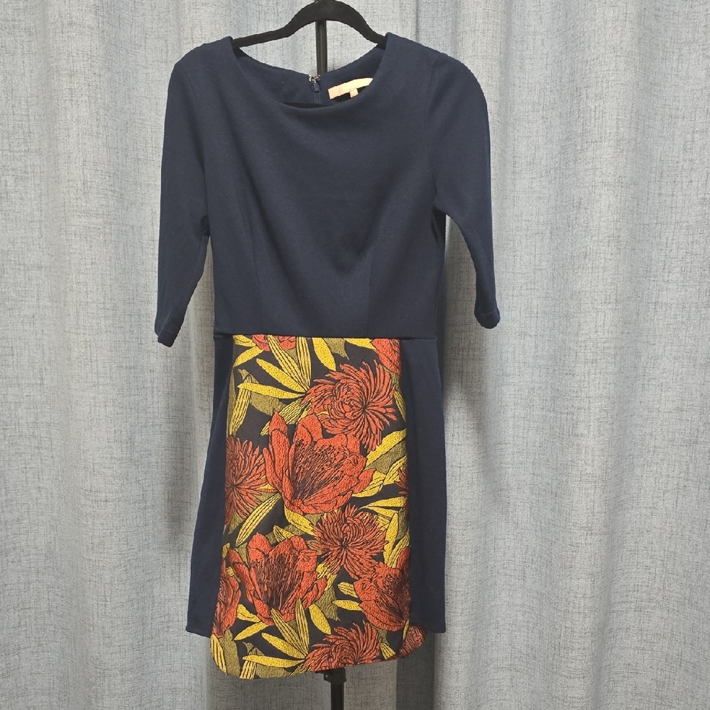 Anthropologie Hutch Jacquard Dress  6 Navy And Floral Back Hook & Zipper Closure